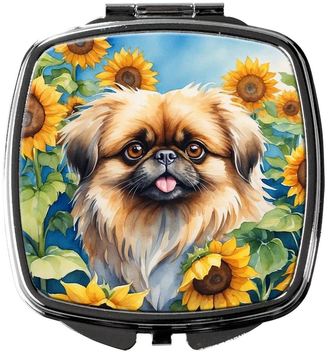 Main image of Pekingese in Sunflowers Compact Mirror Decorative Travel Makeup Mirror for Women Girls Gifts Pocket Makeup Mirror Folding Handheld