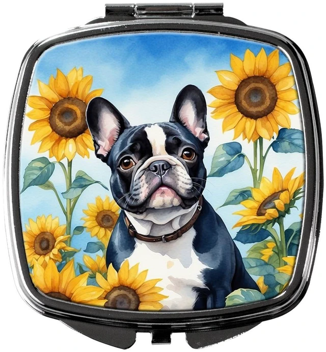 Main image of French Bulldog in Sunflowers Compact Mirror Decorative Travel Makeup Mirror for Women Girls Gifts Pocket Makeup Mirror Folding Handheld