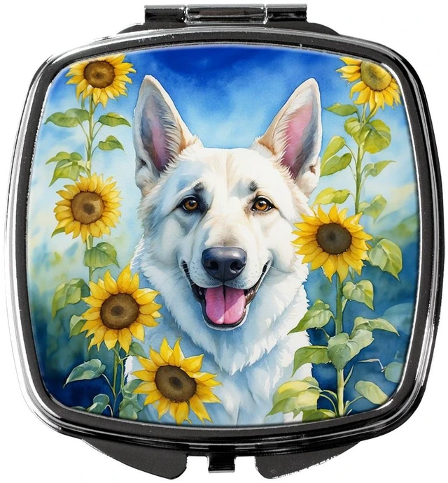 Main image of White German Shepherd in Sunflowers Compact Mirror Decorative Travel Makeup Mirror for Women Girls Gifts Pocket Makeup Mirror Folding Handheld