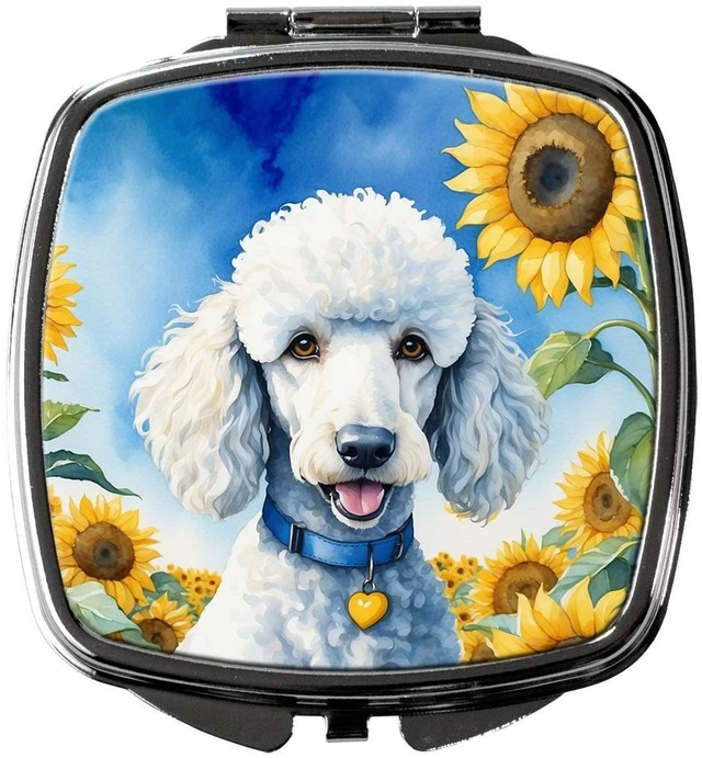 Main image of White Poodle in Sunflowers Compact Mirror Decorative Travel Makeup Mirror for Women Girls Gifts Pocket Makeup Mirror Folding Handheld