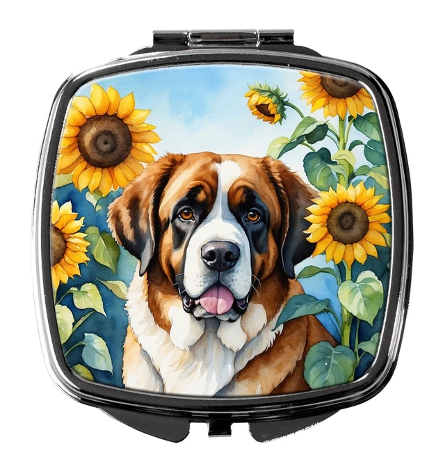 Main image of Saint Bernard in Sunflowers Compact Mirror Decorative Travel Makeup Mirror for Women Girls Gifts Pocket Makeup Mirror Folding Handheld