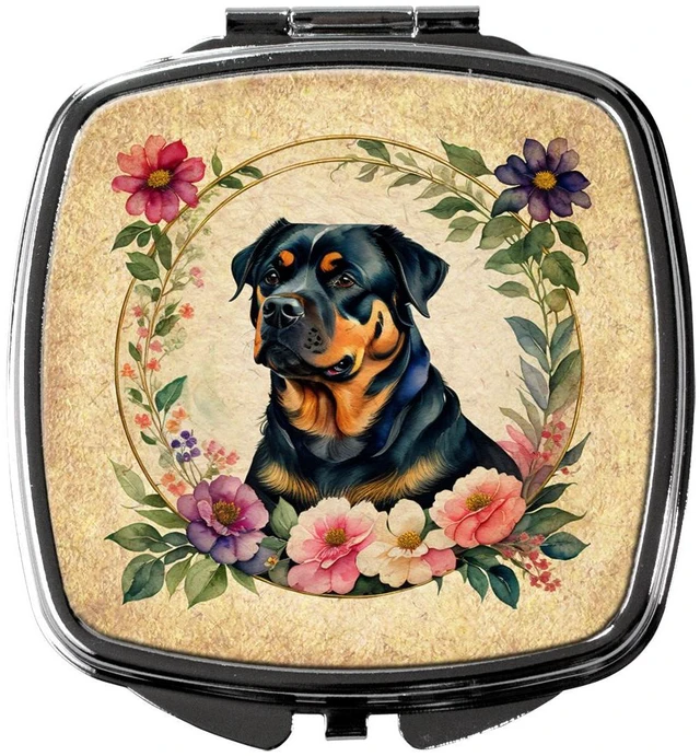 Main image of Rottweiler and Flowers Compact Mirror Decorative Travel Makeup Mirror for Women Girls Gifts Pocket Makeup Mirror Folding Handheld