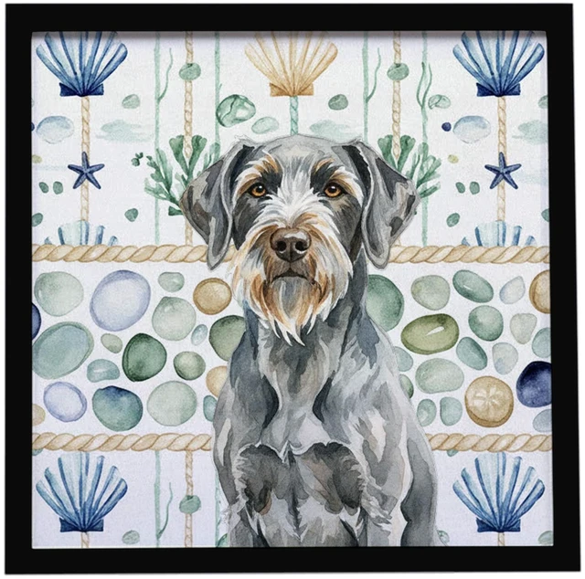 Main image of Steel Gray Wirehaired Pointing Griffon Coastal Sea Glass Framed Metal Print Bathroom, Kitchen, Office, Home Decor Wall Art Ready to Hang, Square, 8X8