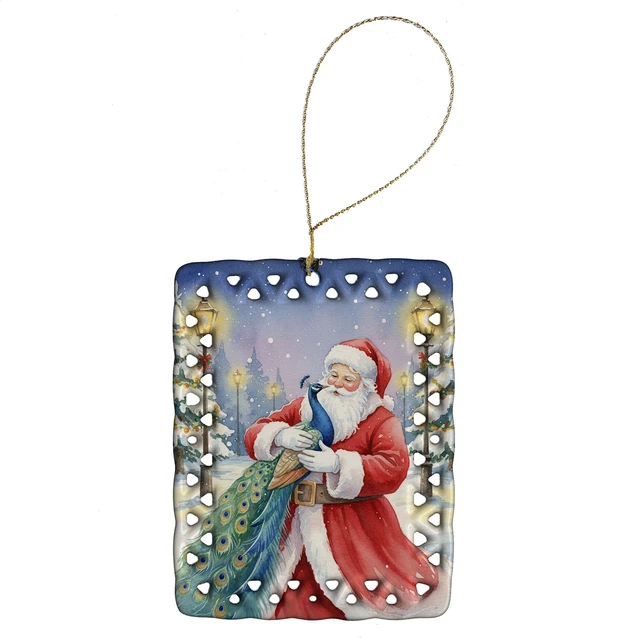 Main image of Peacock with Santa Claus Porcelain Ornament Christmas Tree Hanging Decorations for Home Christmas Holiday, Rectangle, Gift, Multicolor