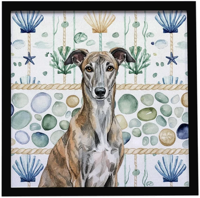 Main image of Brindle Greyhound Coastal Sea Glass Framed Metal Print Bathroom, Kitchen, Office, Home Decor Wall Art Ready to Hang, Square, 8X8