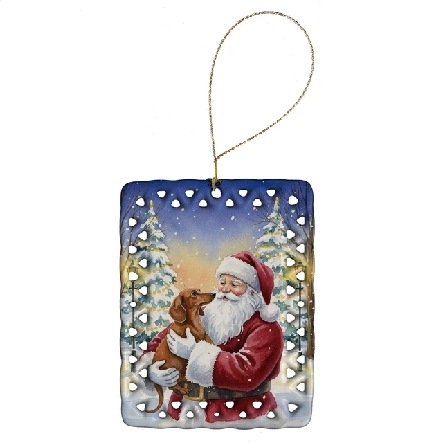 Main image of Dachshund with Santa Claus Porcelain Ornament Christmas Tree Hanging Decorations for Home Christmas Holiday, Rectangle, Gift, Multicolor
