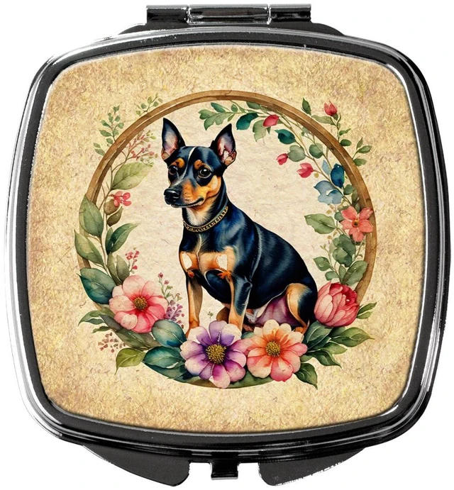 Main image of Miniature Pinscher and Flowers Compact Mirror Decorative Travel Makeup Mirror for Women Girls Gifts Pocket Makeup Mirror Folding Handheld