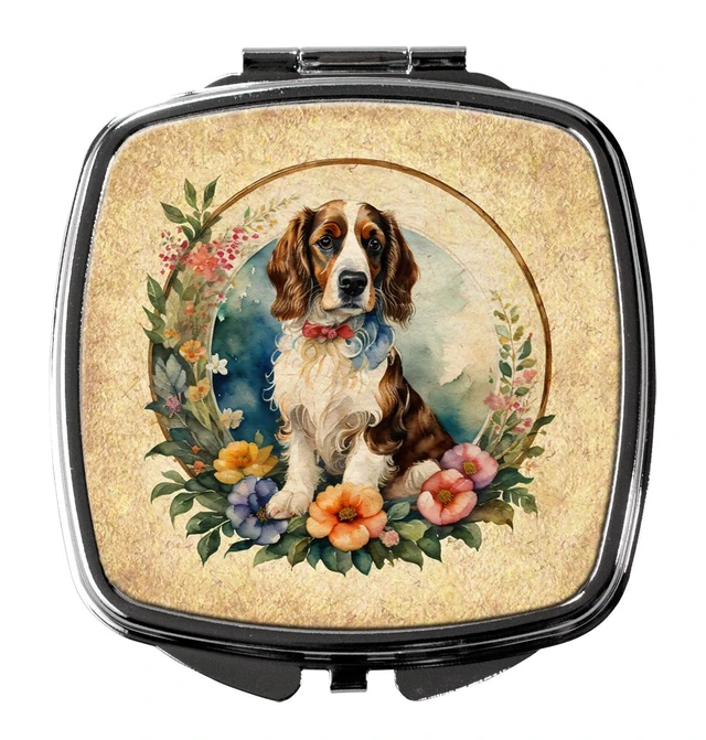 Main image of Welsh Springer Spaniel and Flowers Compact Mirror Decorative Travel Makeup Mirror for Women Girls Gifts Pocket Makeup Mirror Folding Handheld