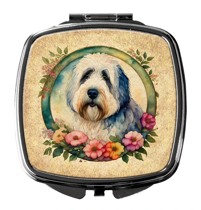 Main image of Old English Sheepdog and Flowers Compact Mirror Decorative Travel Makeup Mirror for Women Girls Gifts Pocket Makeup Mirror Folding Handheld