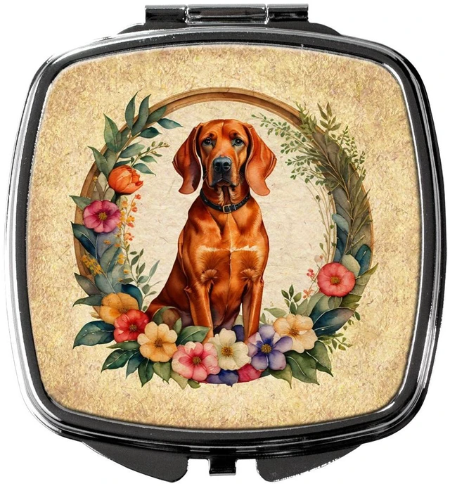 Main image of Redbone Coonhound and Flowers Compact Mirror Decorative Travel Makeup Mirror for Women Girls Gifts Pocket Makeup Mirror Folding Handheld