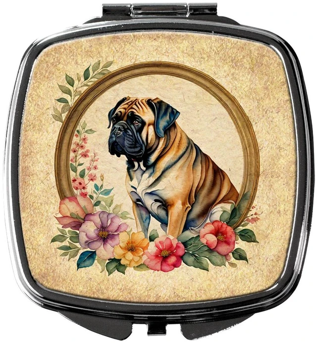 Main image of Mastiff and Flowers Compact Mirror Decorative Travel Makeup Mirror for Women Girls Gifts Pocket Makeup Mirror Folding Handheld