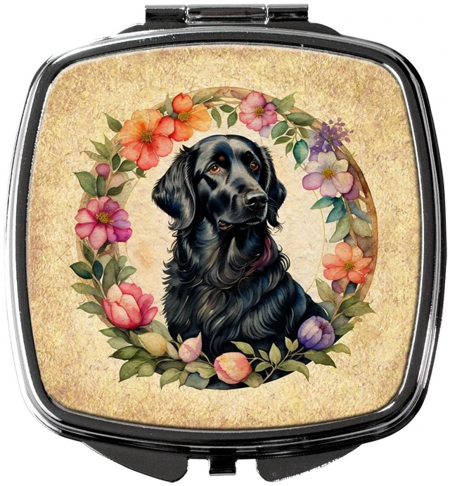 Main image of Flat-Coated Retriever and Flowers Compact Mirror Decorative Travel Makeup Mirror for Women Girls Gifts Pocket Makeup Mirror Folding Handheld
