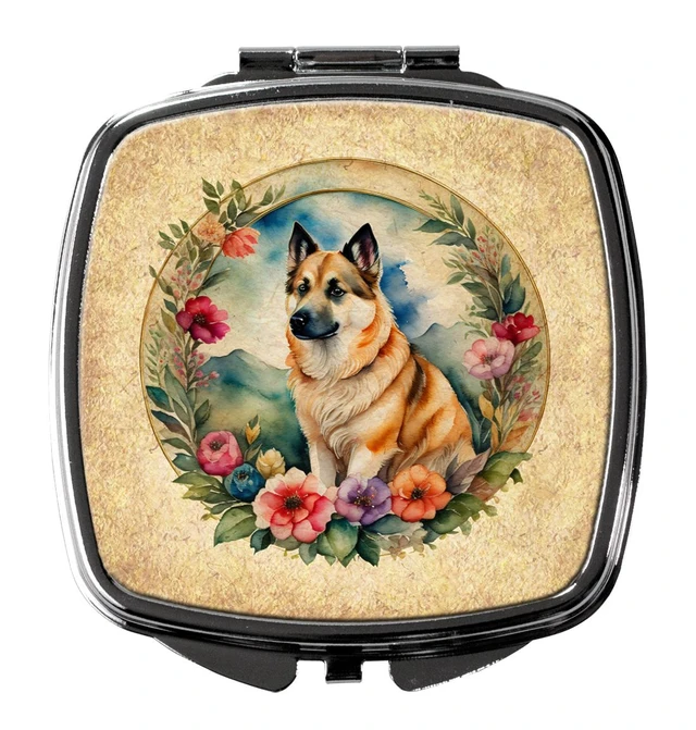 Main image of Norwegian Buhund and Flowers Compact Mirror Decorative Travel Makeup Mirror for Women Girls Gifts Pocket Makeup Mirror Folding Handheld