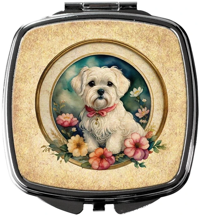Main image of Maltese and Flowers Compact Mirror Decorative Travel Makeup Mirror for Women Girls Gifts Pocket Makeup Mirror Folding Handheld