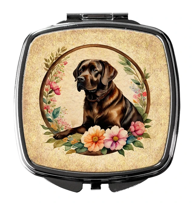 Main image of Chocolate Labrador Retriever and Flowers Compact Mirror Decorative Travel Makeup Mirror for Women Girls Gifts Pocket Makeup Mirror Folding Handheld