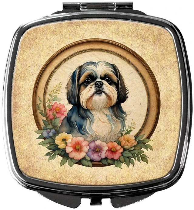 Main image of Shih Tzu and Flowers Compact Mirror Decorative Travel Makeup Mirror for Women Girls Gifts Pocket Makeup Mirror Folding Handheld
