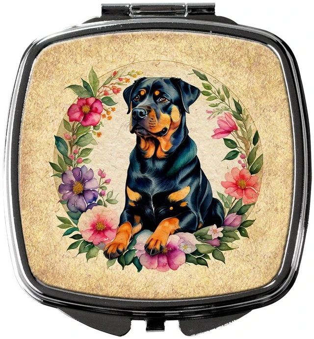 Main image of Rottweiler and Flowers Compact Mirror Decorative Travel Makeup Mirror for Women Girls Gifts Pocket Makeup Mirror Folding Handheld