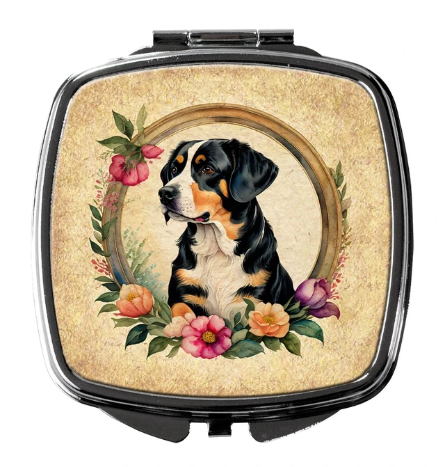 Main image of Entlebucher Mountain Dog and Flowers Compact Mirror Decorative Travel Makeup Mirror for Women Girls Gifts Pocket Makeup Mirror Folding Handheld