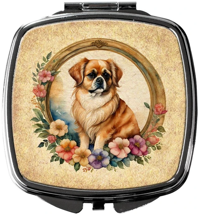 Main image of Tibetan Spaniel and Flowers Compact Mirror Decorative Travel Makeup Mirror for Women Girls Gifts Pocket Makeup Mirror Folding Handheld