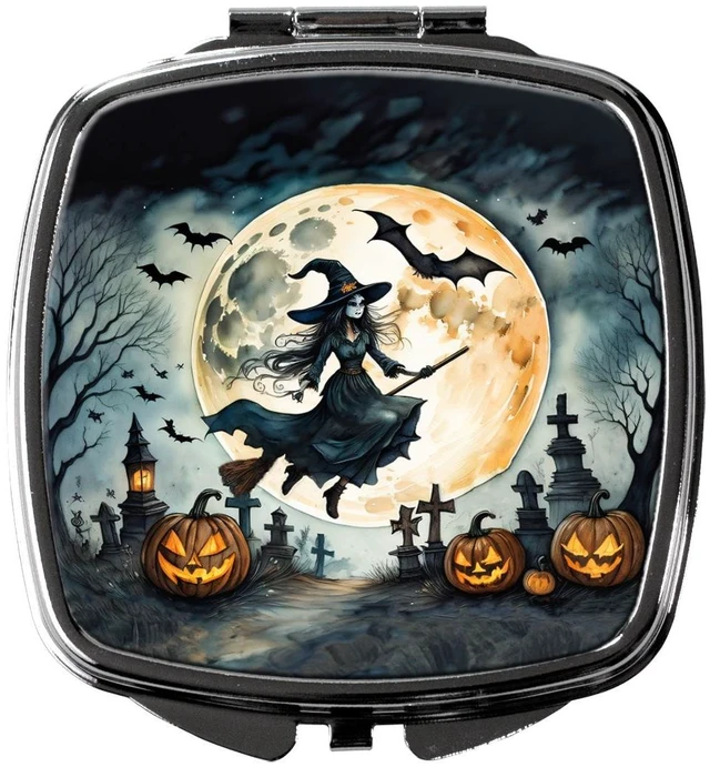 Main image of Flying Witch Spooky Halloween Compact Mirror Decorative Travel Makeup Mirror for Women Girls Gifts Pocket Makeup Mirror Folding Handheld