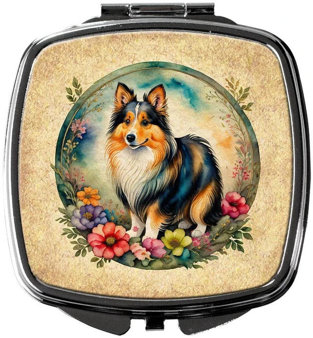 Main image of Sheltie and Flowers Compact Mirror Decorative Travel Makeup Mirror for Women Girls Gifts Pocket Makeup Mirror Folding Handheld