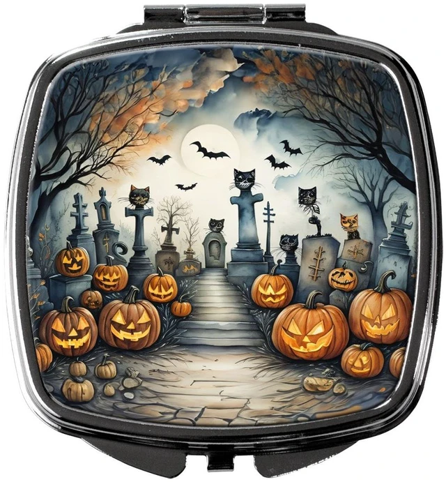 Main image of Cat Cemetery Spooky Halloween Compact Mirror Decorative Travel Makeup Mirror for Women Girls Gifts Pocket Makeup Mirror Folding Handheld