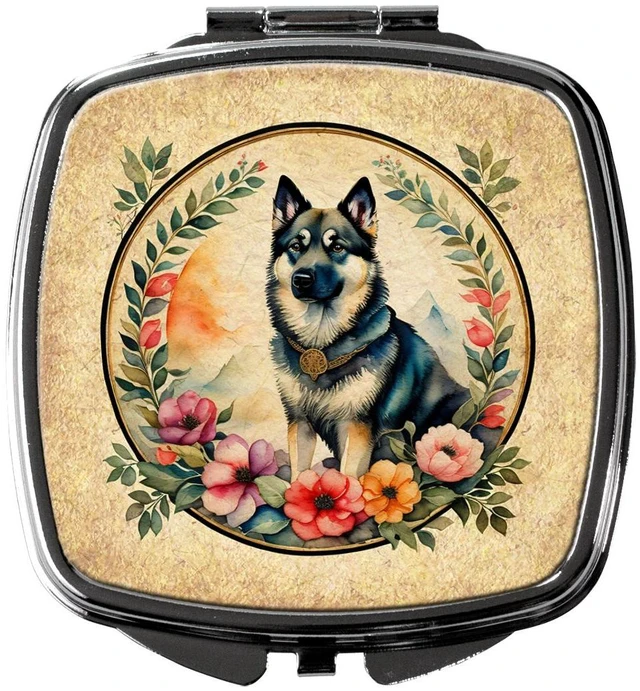 Main image of Norwegian Elkhound and Flowers Compact Mirror Decorative Travel Makeup Mirror for Women Girls Gifts Pocket Makeup Mirror Folding Handheld