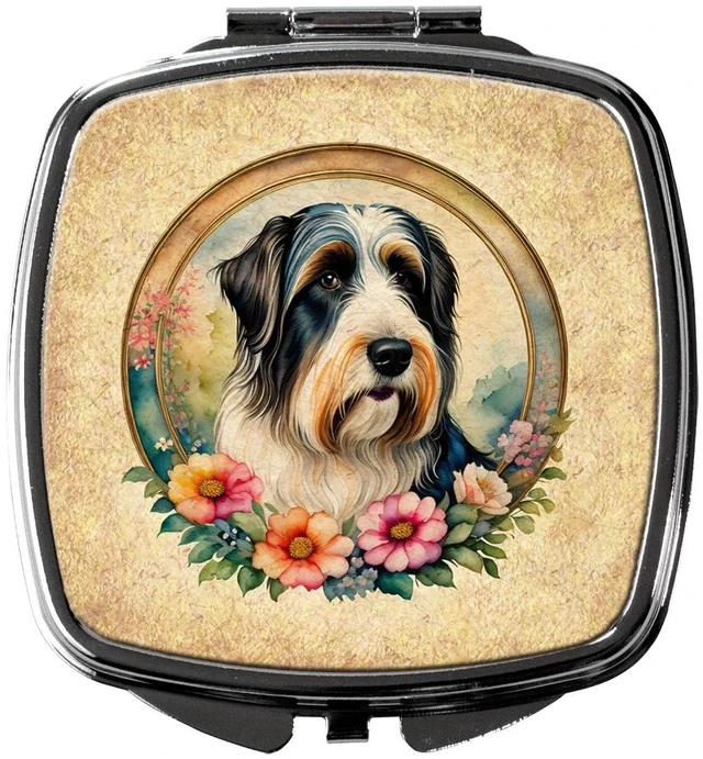 Main image of Bearded Collie and Flowers Compact Mirror Decorative Travel Makeup Mirror for Women Girls Gifts Pocket Makeup Mirror Folding Handheld