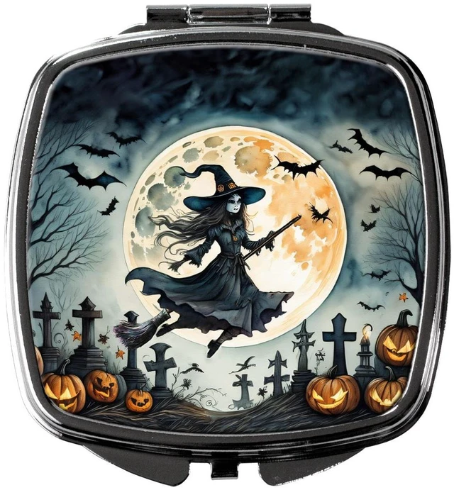 Main image of Flying Witch Spooky Halloween Compact Mirror Decorative Travel Makeup Mirror for Women Girls Gifts Pocket Makeup Mirror Folding Handheld