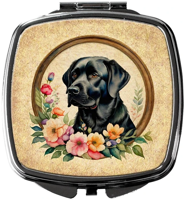 Main image of Black Labrador Retriever and Flowers Compact Mirror Decorative Travel Makeup Mirror for Women Girls Gifts Pocket Makeup Mirror Folding Handheld