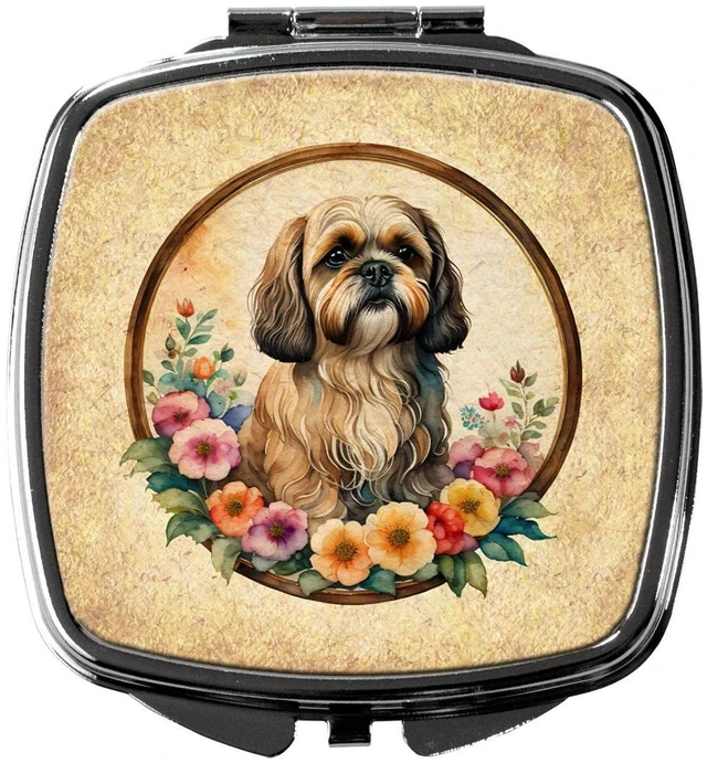 Main image of Lhasa Apso and Flowers Compact Mirror Decorative Travel Makeup Mirror for Women Girls Gifts Pocket Makeup Mirror Folding Handheld