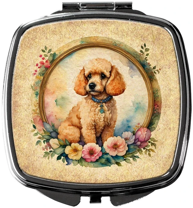 Main image of Poodle and Flowers Compact Mirror Decorative Travel Makeup Mirror for Women Girls Gifts Pocket Makeup Mirror Folding Handheld