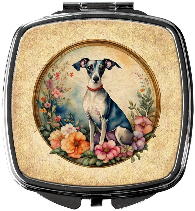 Main image of Italian Greyhound and Flowers Compact Mirror Decorative Travel Makeup Mirror for Women Girls Gifts Pocket Makeup Mirror Folding Handheld