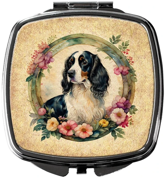 Main image of English Springer Spaniel and Flowers Compact Mirror Decorative Travel Makeup Mirror for Women Girls Gifts Pocket Makeup Mirror Folding Handheld