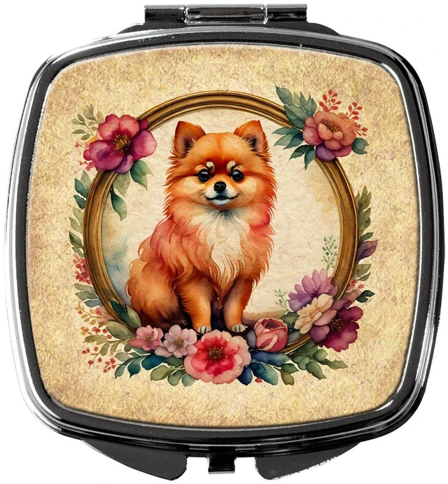 Main image of Pomeranian and Flowers Compact Mirror Decorative Travel Makeup Mirror for Women Girls Gifts Pocket Makeup Mirror Folding Handheld