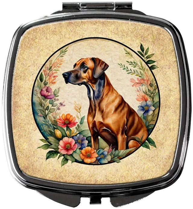 Main image of Rhodesian Ridgeback and Flowers Compact Mirror Decorative Travel Makeup Mirror for Women Girls Gifts Pocket Makeup Mirror Folding Handheld