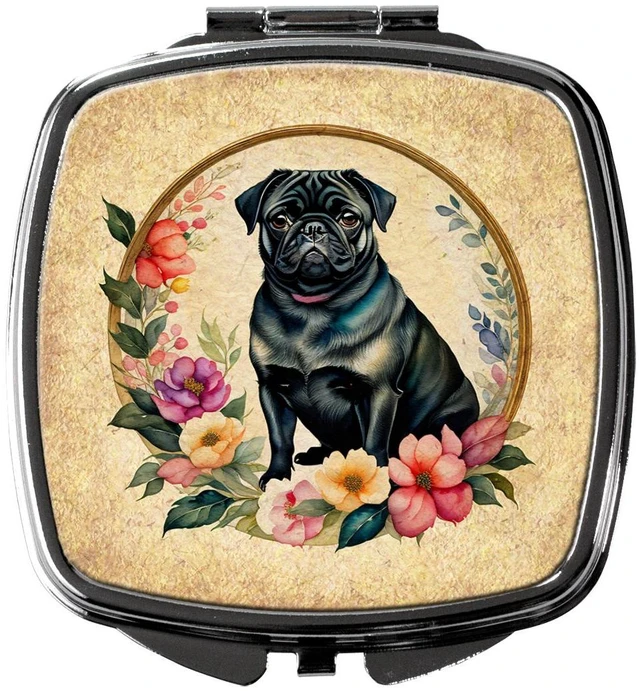 Main image of Black Pug and Flowers Compact Mirror Decorative Travel Makeup Mirror for Women Girls Gifts Pocket Makeup Mirror Folding Handheld