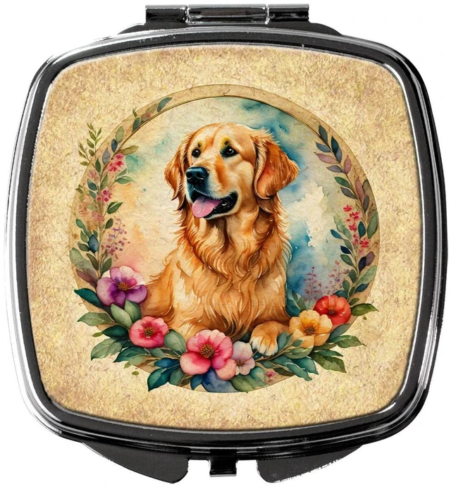 Main image of Golden Retriever and Flowers Compact Mirror Decorative Travel Makeup Mirror for Women Girls Gifts Pocket Makeup Mirror Folding Handheld