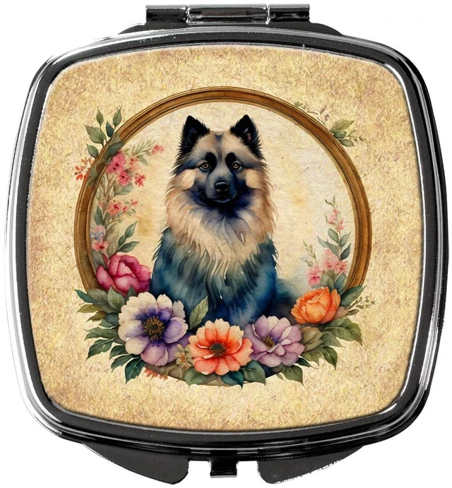 Main image of Keeshond and Flowers Compact Mirror Decorative Travel Makeup Mirror for Women Girls Gifts Pocket Makeup Mirror Folding Handheld