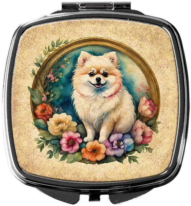 Main image of Pomeranian and Flowers Compact Mirror Decorative Travel Makeup Mirror for Women Girls Gifts Pocket Makeup Mirror Folding Handheld