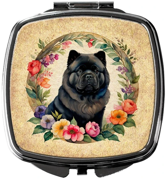 Main image of Black Chow Chow and Flowers Compact Mirror Decorative Travel Makeup Mirror for Women Girls Gifts Pocket Makeup Mirror Folding Handheld