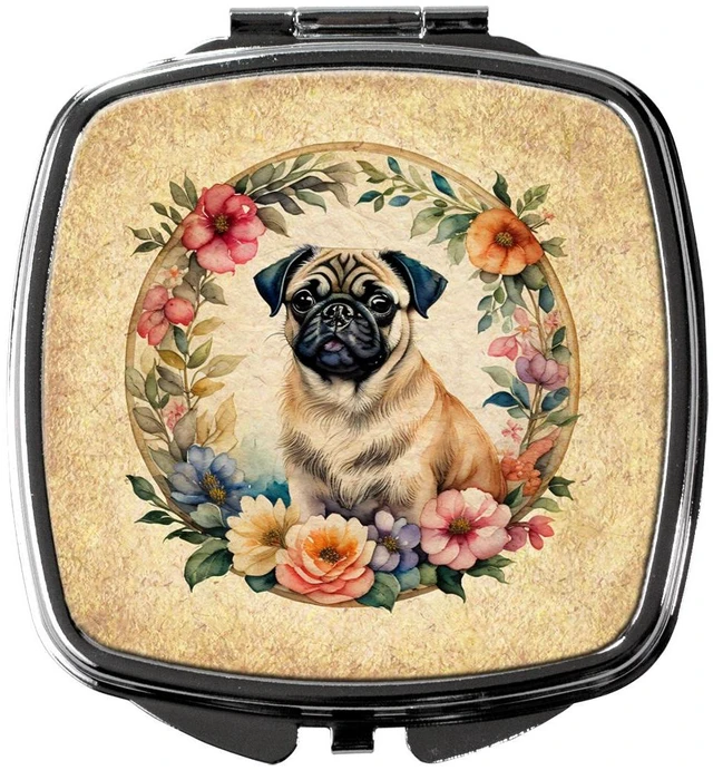 Main image of Fawn Pug and Flowers Compact Mirror Decorative Travel Makeup Mirror for Women Girls Gifts Pocket Makeup Mirror Folding Handheld