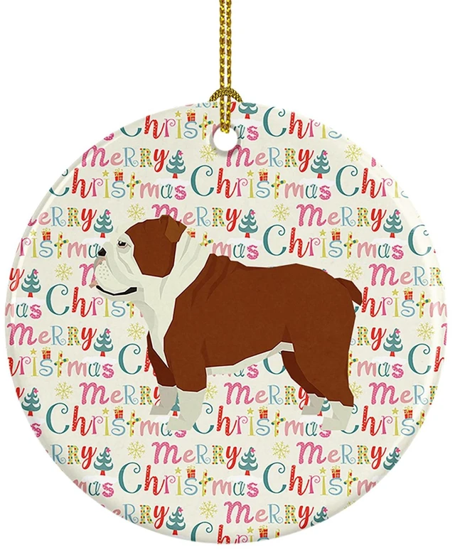 Main image of English Bulldog Merry Christmas Ceramic Ornament Christmas Tree Hanging Decorations for Home Christmas Holiday, Party, Gift, 3 in, Multicolor