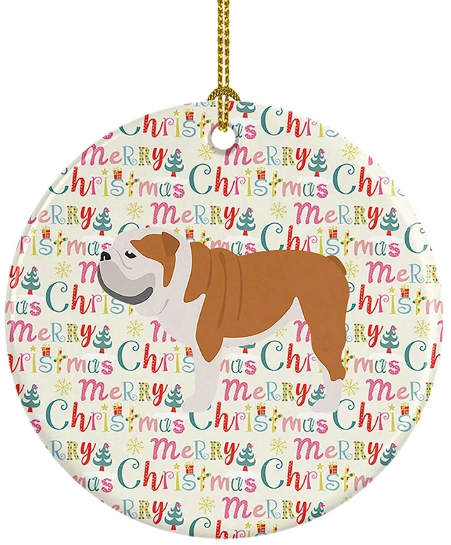 Main image of English Bulldog Merry Christmas Ceramic Ornament Christmas Tree Hanging Decorations for Home Christmas Holiday, Party, Gift, 3 in, Multicolor