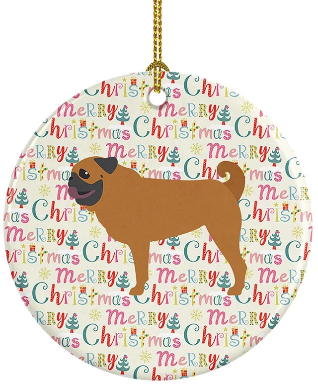 Main image of Pug Merry Christmas Ceramic Ornament Christmas Tree Hanging Decorations for Home Christmas Holiday, Party, Gift, 3 in, Multicolor
