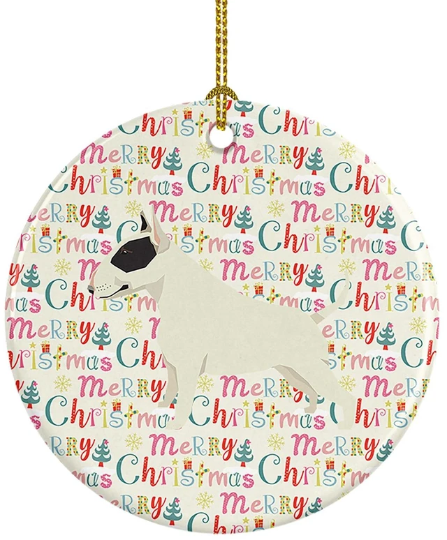 Main image of Black and White Bull Terrier Merry Christmas Ceramic Ornament Christmas Tree Hanging Decorations for Home Christmas Holiday, Party, Gift, 3 in, Multicolor