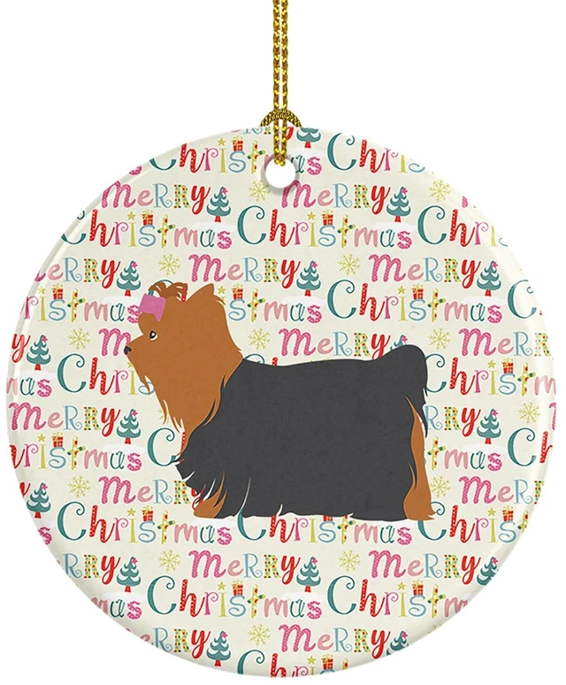 Main image of Yorkshire Terrier Yorkie Merry Christmas Ceramic Ornament Christmas Tree Hanging Decorations for Home Christmas Holiday, Party, Gift, 3 in, Multicolor