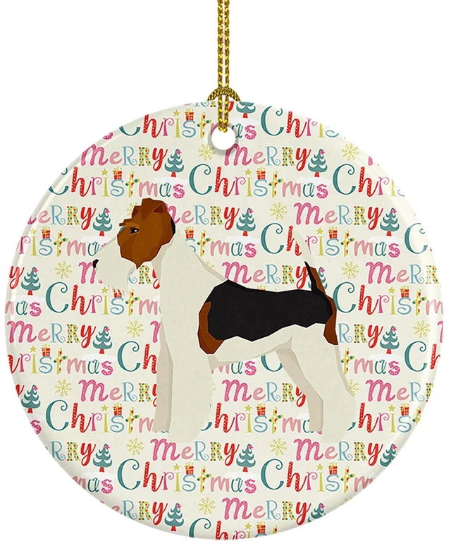Main image of Fox Terrier Merry Christmas Ceramic Ornament Christmas Tree Hanging Decorations for Home Christmas Holiday, Party, Gift, 3 in, Multicolor