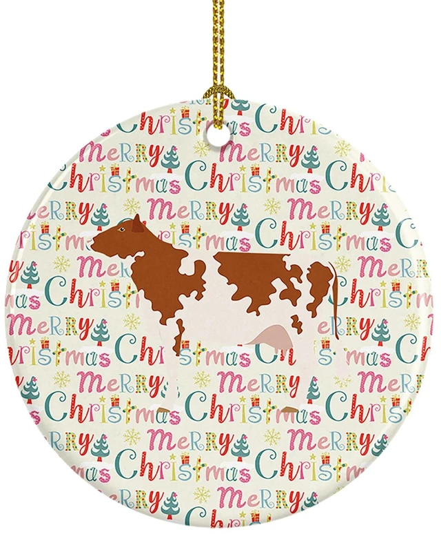 Main image of Ayrshire Cow Christmas Ceramic Ornament Christmas Tree Hanging Decorations for Home Christmas Holiday, Party, Gift, 3 in, Multicolor