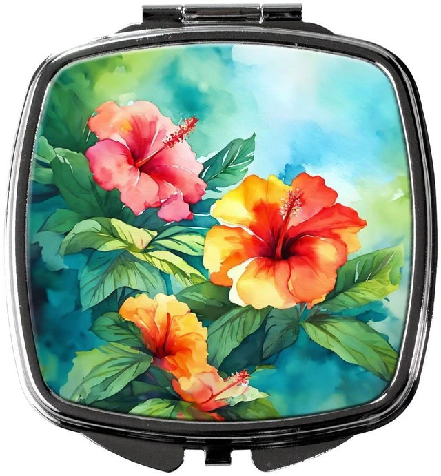 Main image of Hawaii Hawaiian Hibiscus in Watercolor Compact Mirror Decorative Travel Makeup Mirror for Women Girls Gifts Pocket Makeup Mirror Folding Handheld
